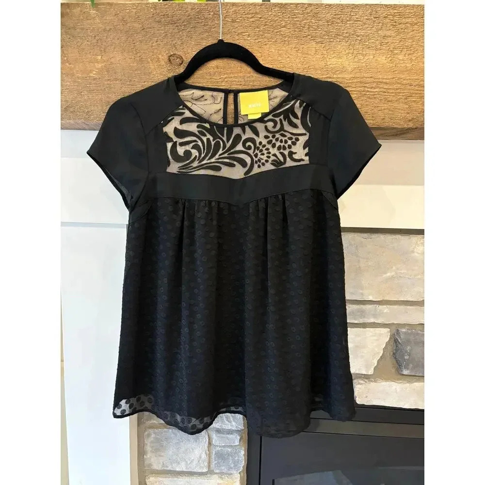 Anthropologie Maeve top black XS sheer babydoll holiday whimsigoth dark fairy